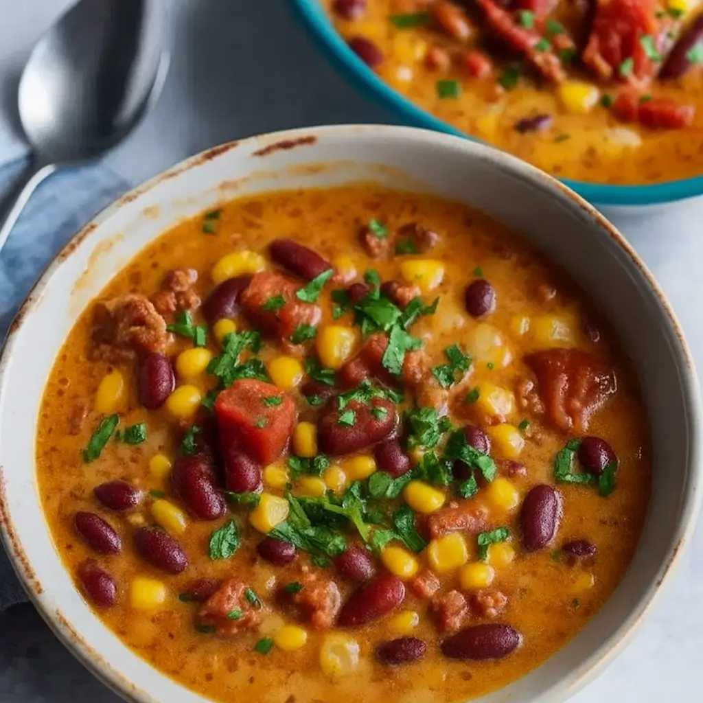 Pioneer Woman 7 Can Taco Soup with beans, corn, and tomatoes in a creamy broth