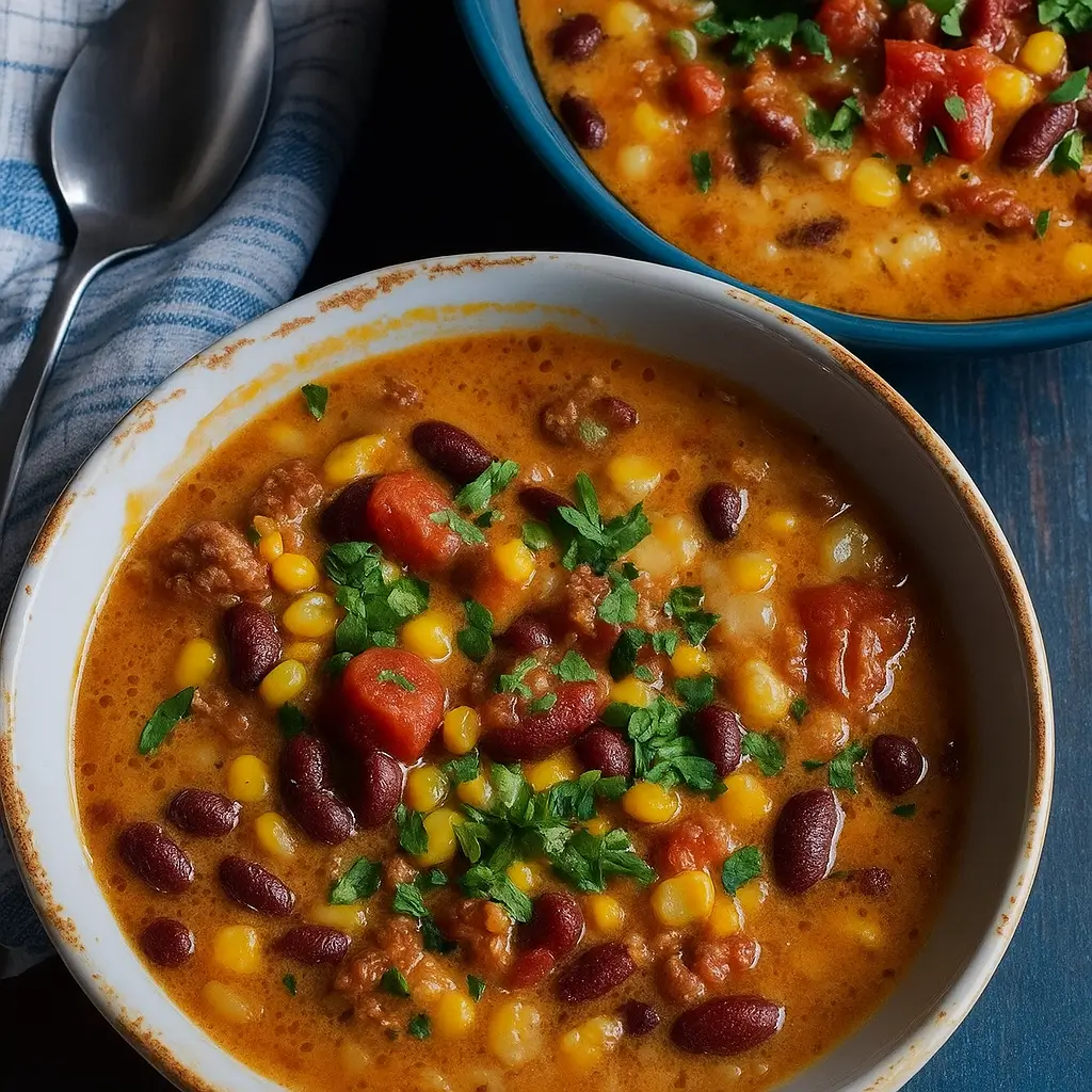 Pioneer Woman 7 Can Taco Soup in a bowl with toppings