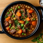 Pioneer Woman Beef Barley Soup in rustic bowl