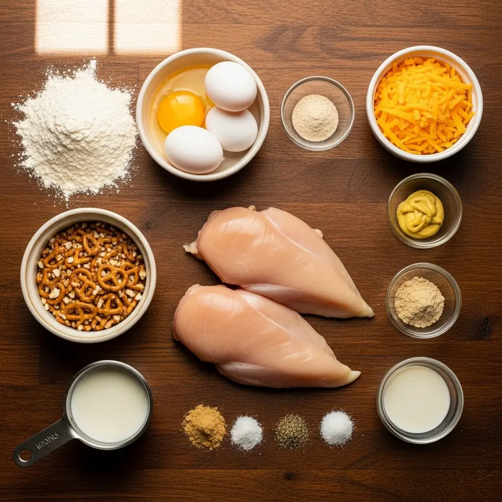 Ingredients for Pretzel Chicken with Mustard-Cheddar Sauce