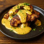 Pretzel Chicken with Mustard-Cheddar Sauce on plate