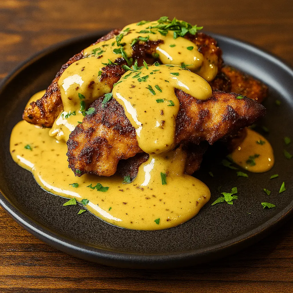 Pretzel Chicken with Mustard-Cheddar Sauce on plate