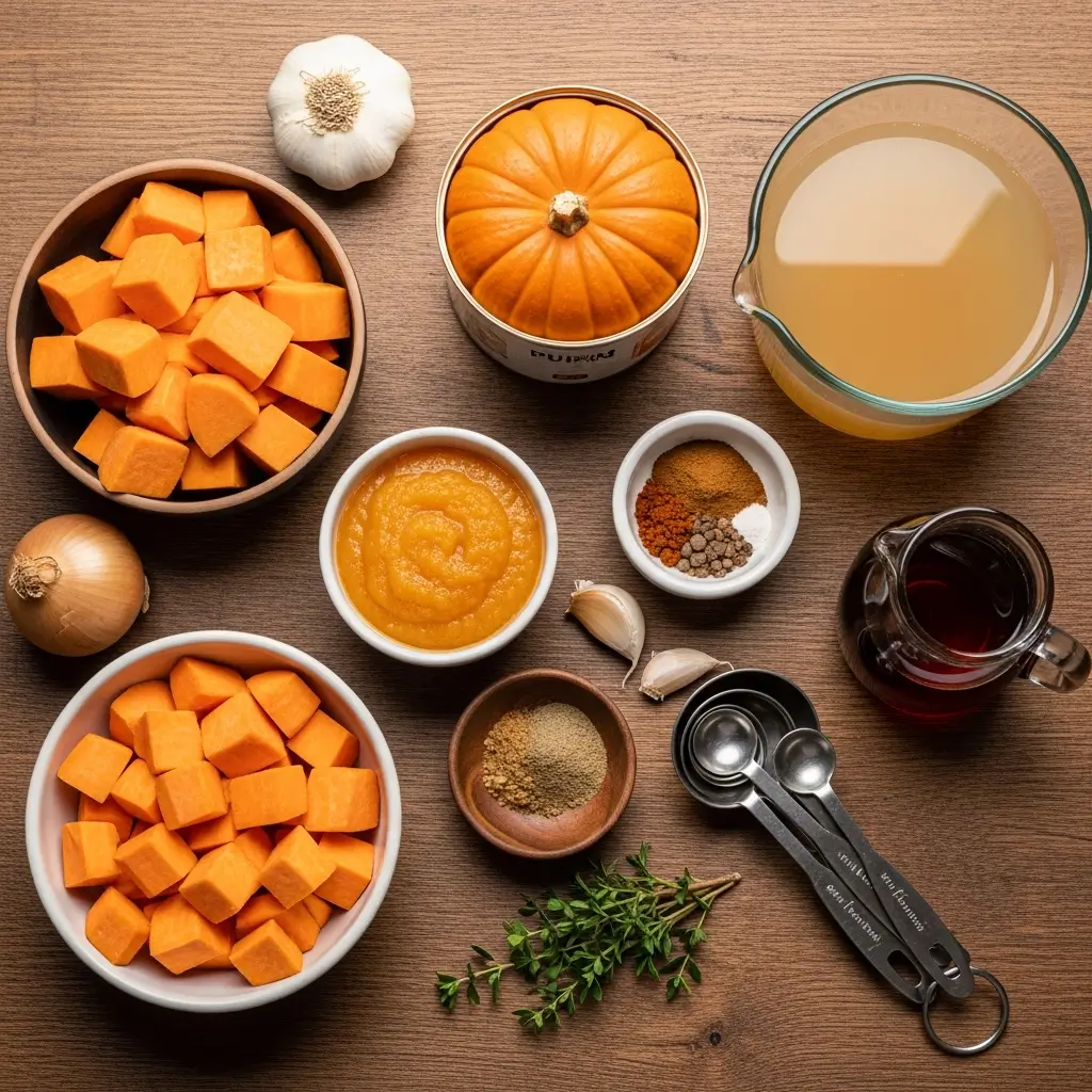Ingredients for Pumpkin and Sweet Potato Soup laid out