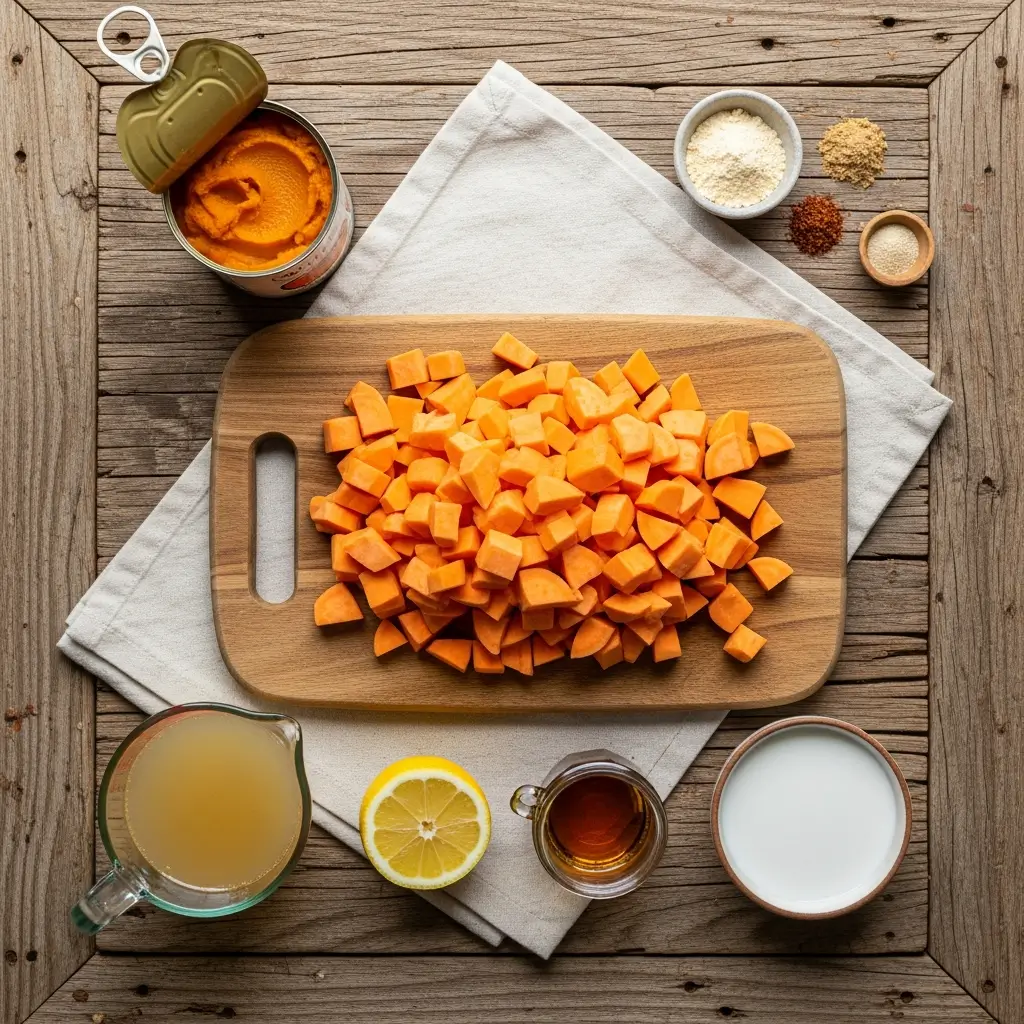 Ingredients for anti-inflammatory pumpkin and sweet potato soup