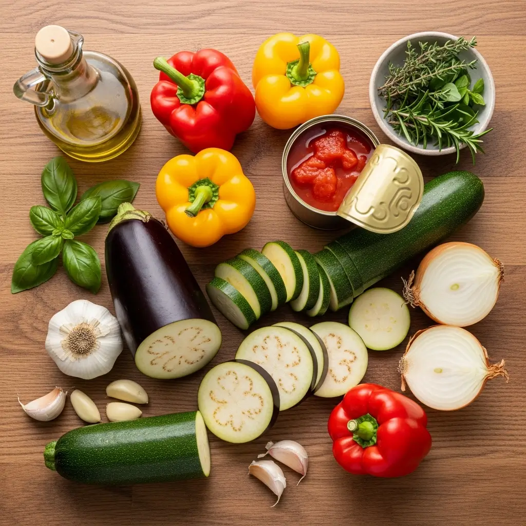 Ratatouille Soup ingredients on wooden table