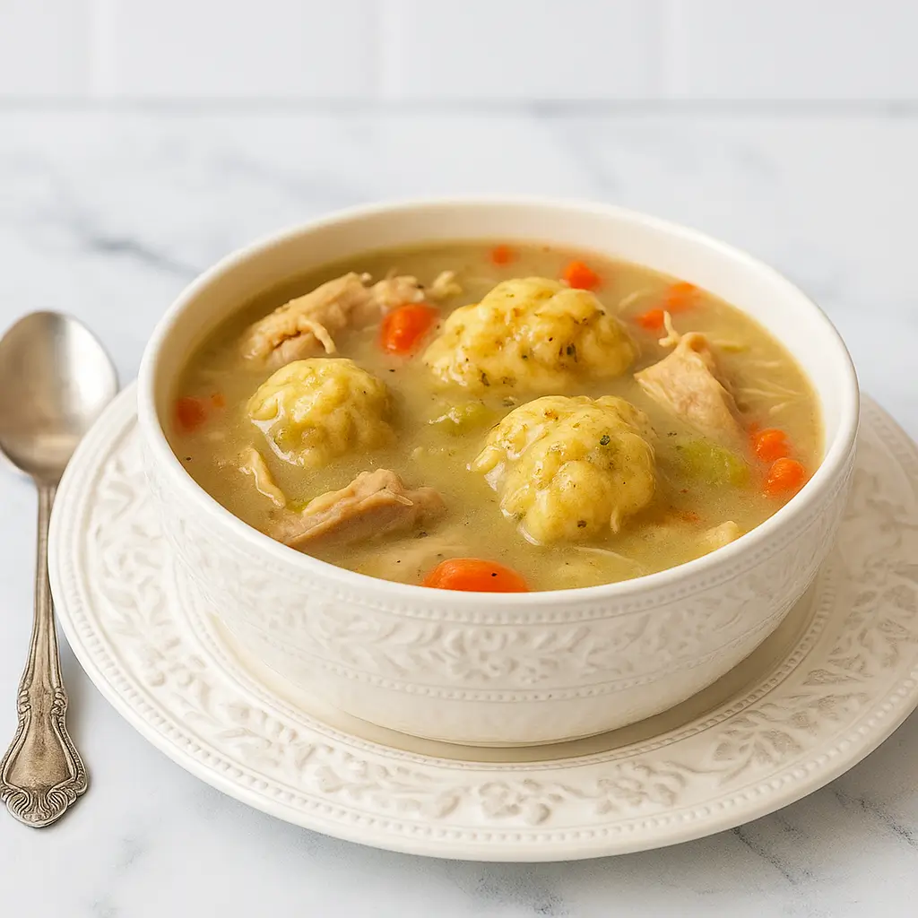 Roast Turkey & Herbed Dumpling Stew served in a rustic bowl