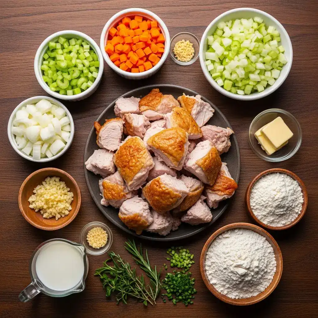Ingredients for Roast Turkey & Herbed Dumpling Stew laid out on a table