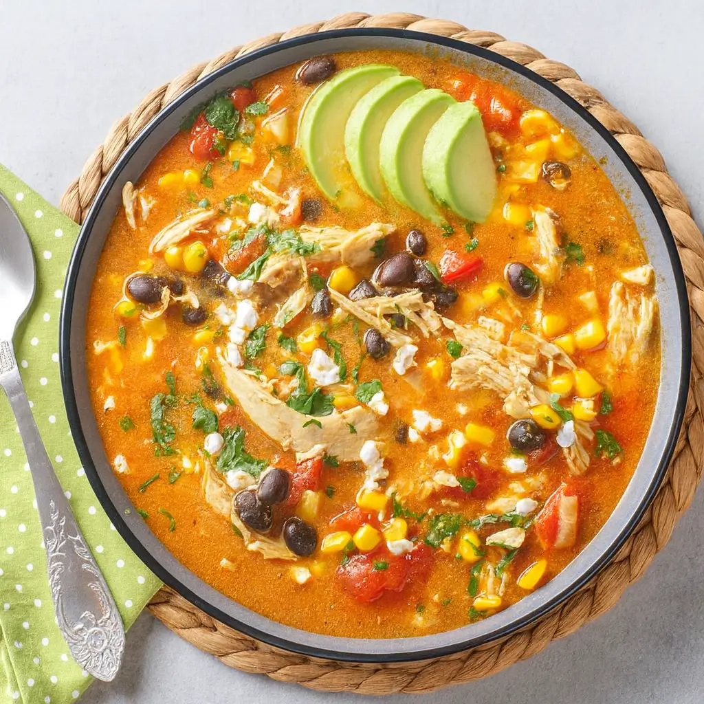 Rotisserie Chicken Enchilada Soup with toppings