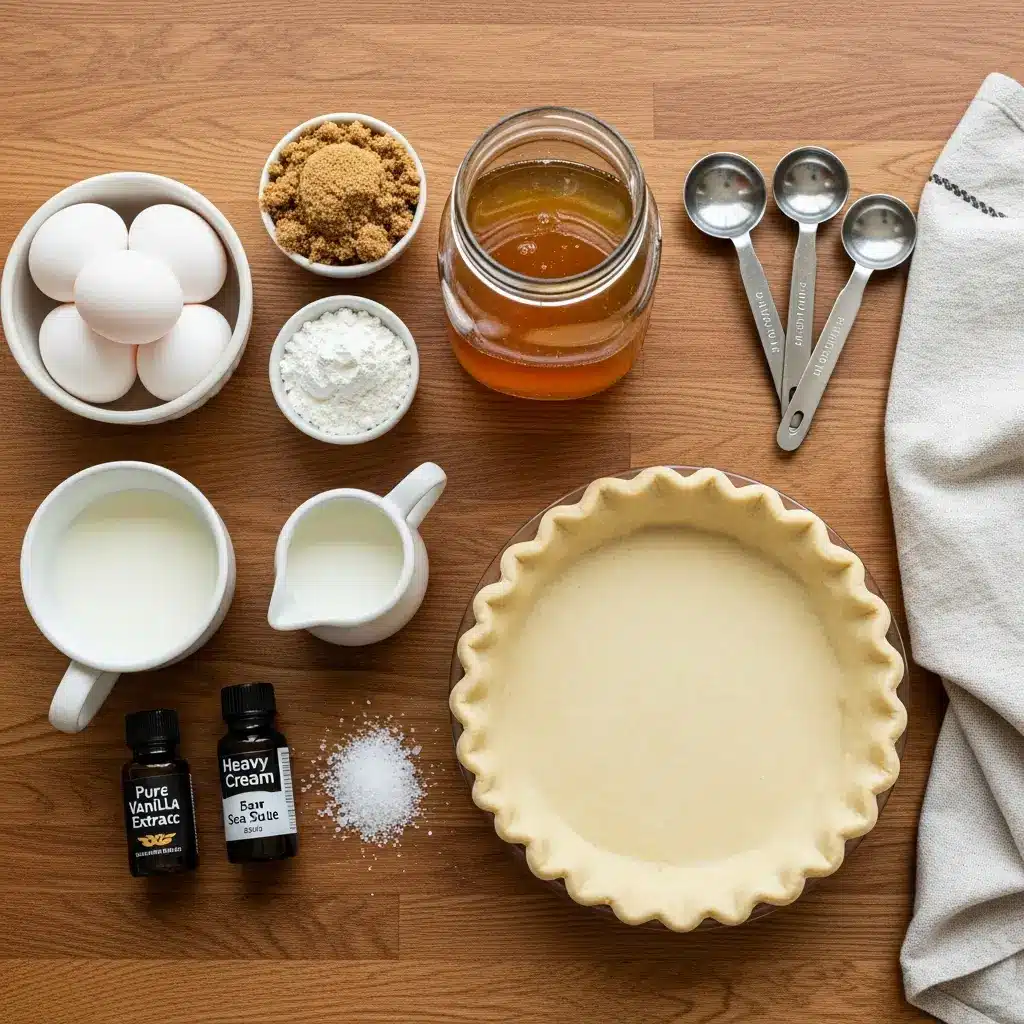 Ingredients for Salted Honey Pie arranged on a wooden surface
