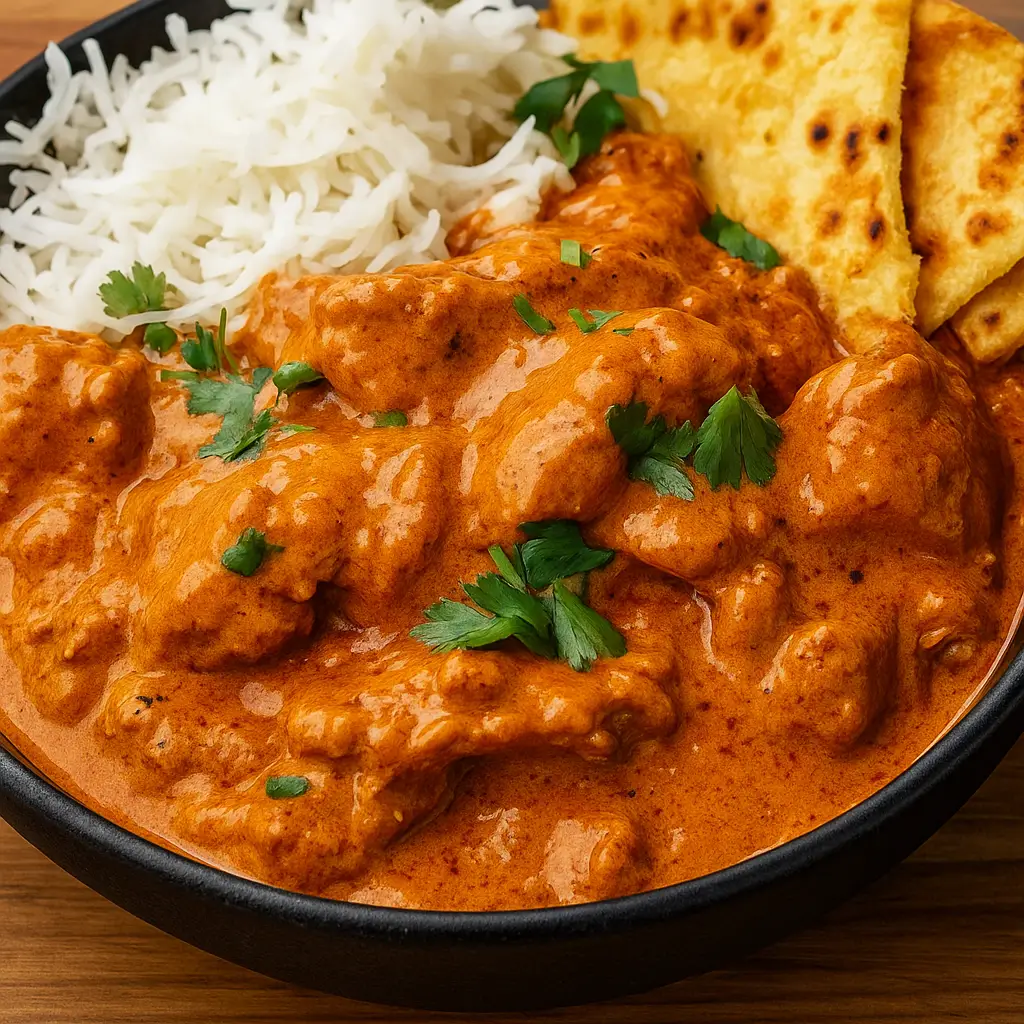 Slow Cooker Butter Chicken served with rice and naan
