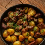 Slow Cooker Garlic Butter Beef Bites and Potatoes in a rustic bowl