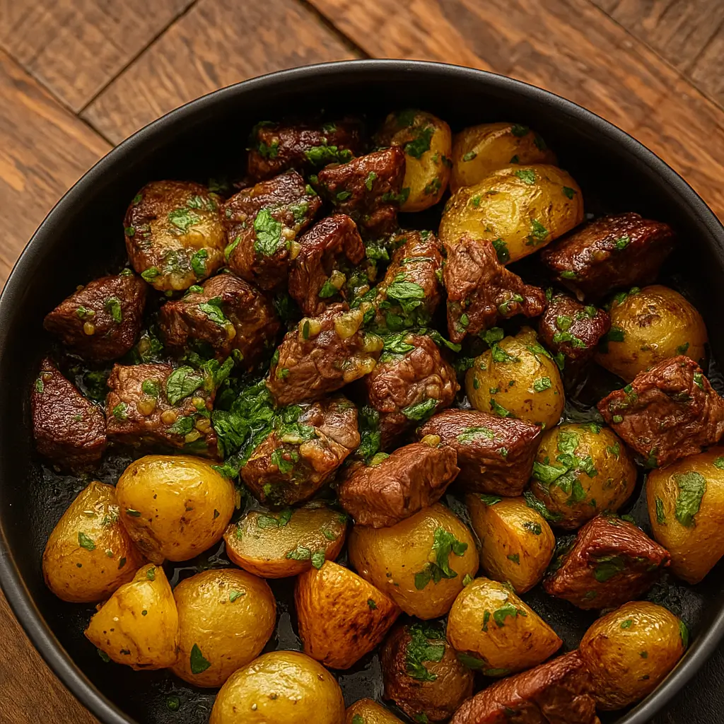 Slow Cooker Garlic Butter Beef Bites and Potatoes in a rustic bowl