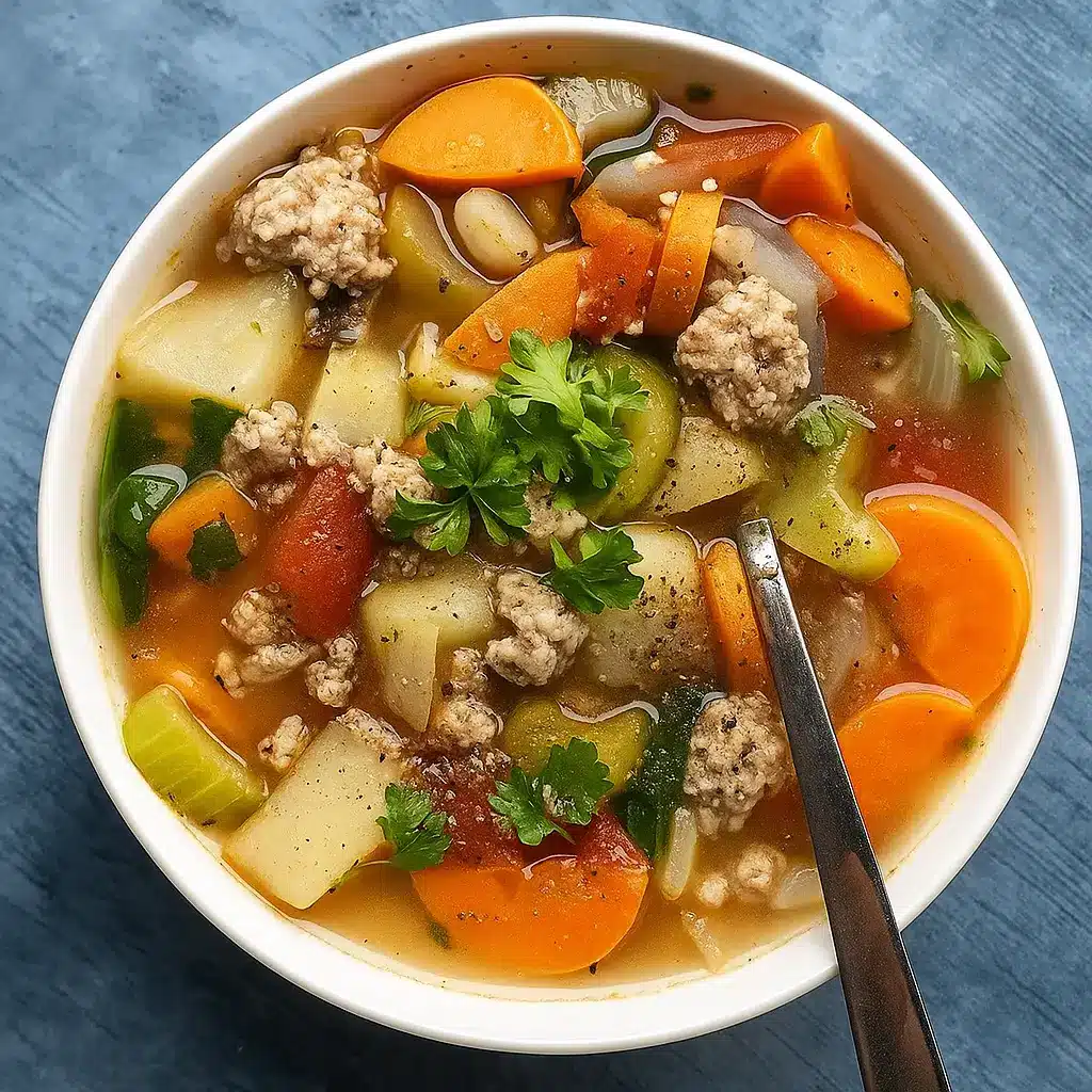 Slow Cooker Ground Turkey Vegetable Soup served in a bowl