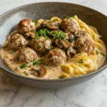 Slow Cooker Meatball Stroganoff served over noodles