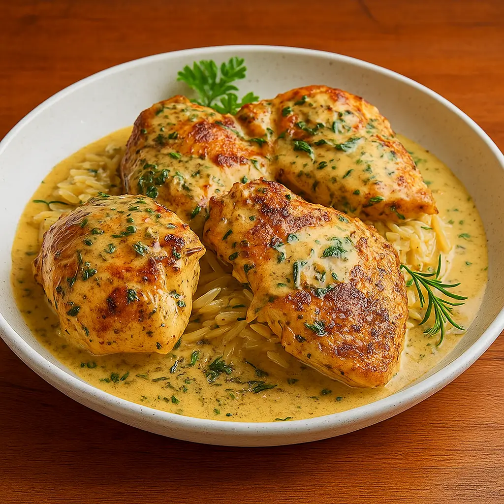 Slow Cooker Mustard Herb Chicken with Orzo in serving pot