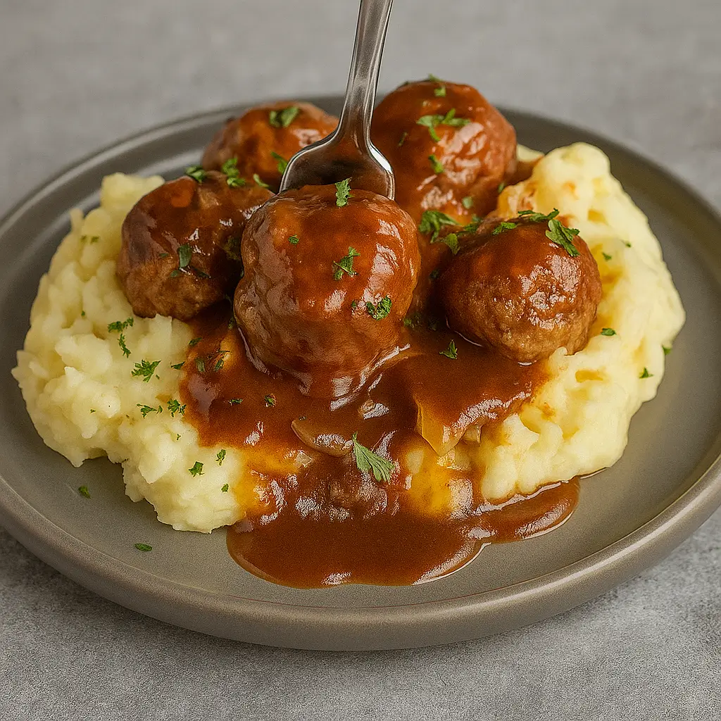 Slow Cooker Salisbury Steak Meatballs in rich gravy