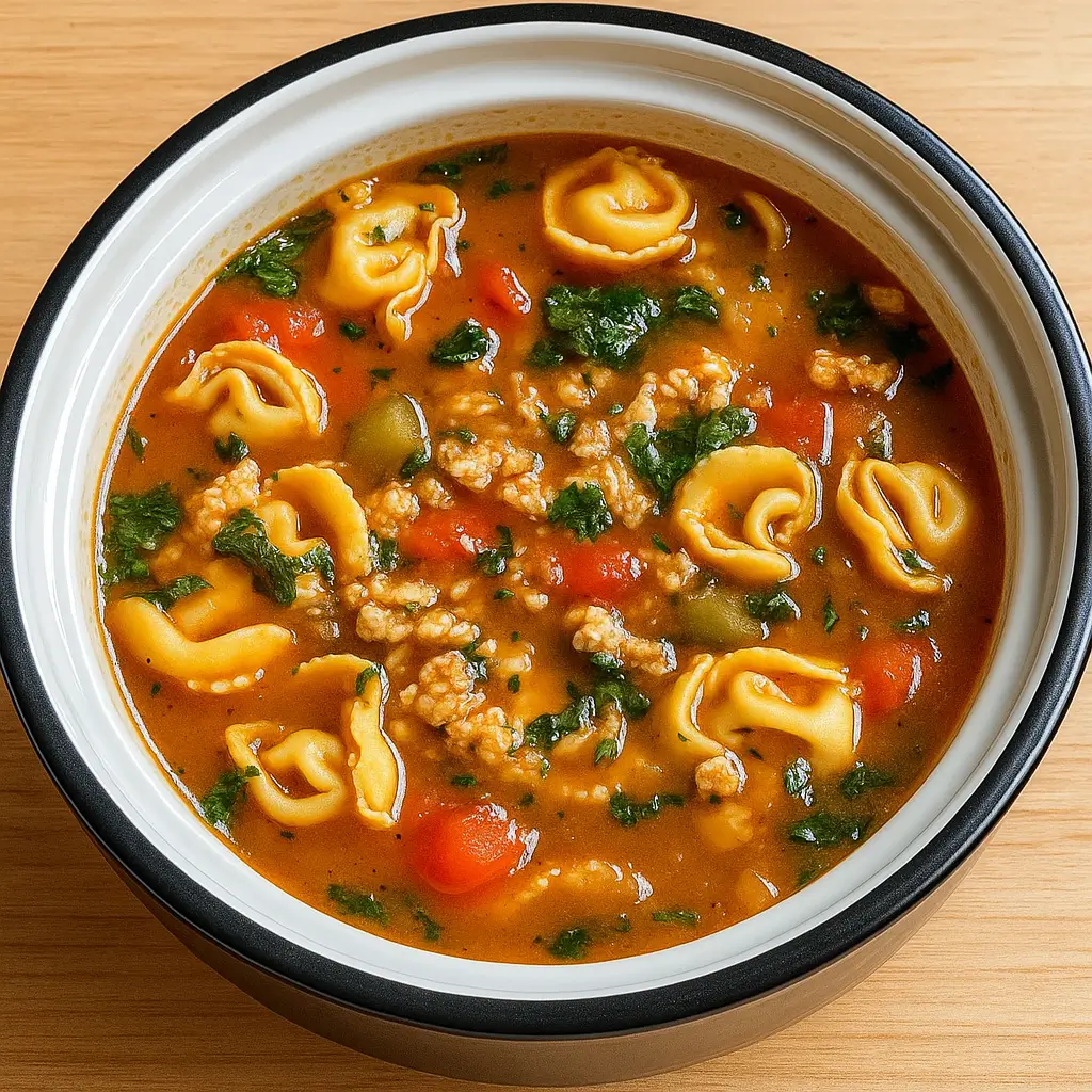 Slow Cooker Tortellini Soup in a ceramic bowl with garnish
