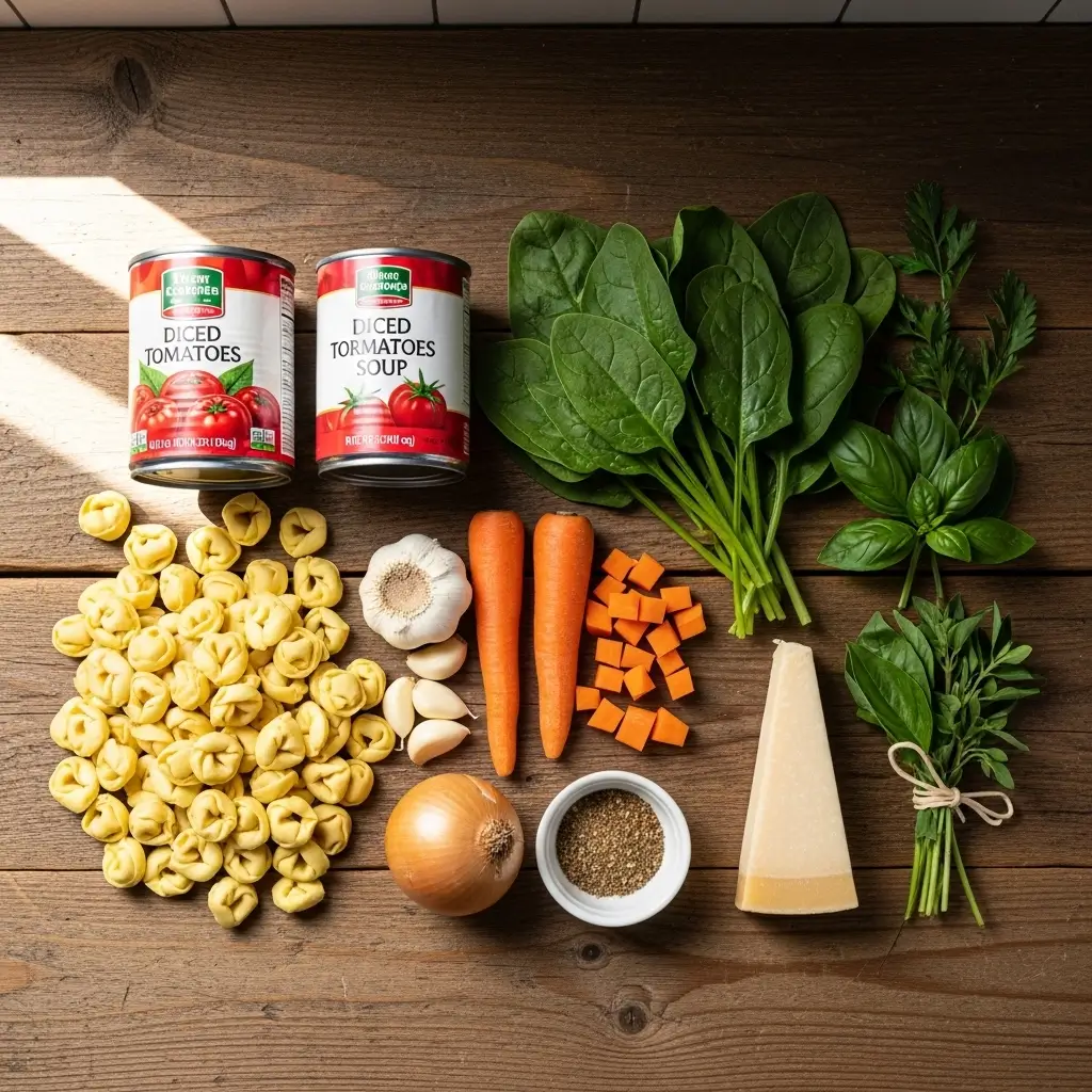 Ingredients for Slow Cooker Tortellini Soup on kitchen counter