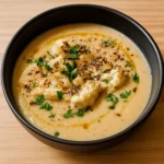 Smooth roasted cauliflower soup served with thyme and bread