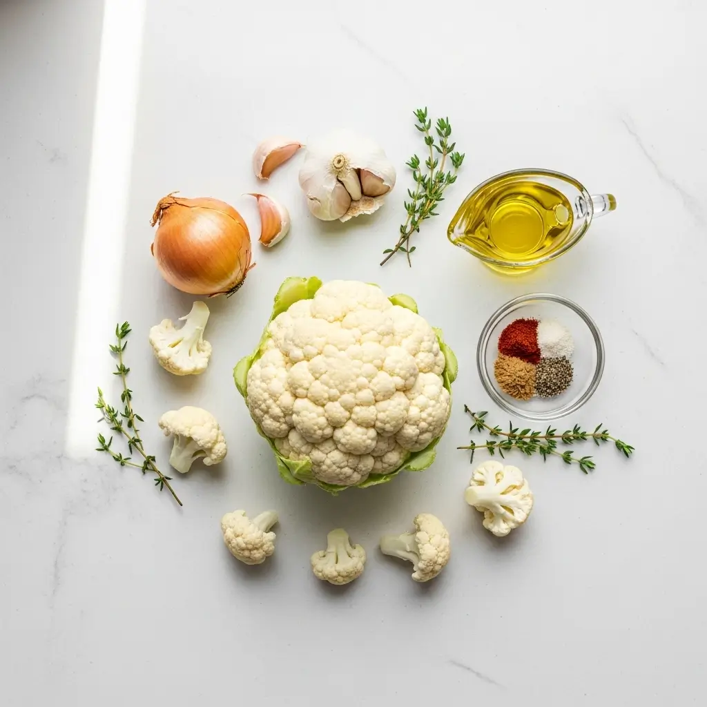 Ingredients for smooth roasted cauliflower soup laid out on counter