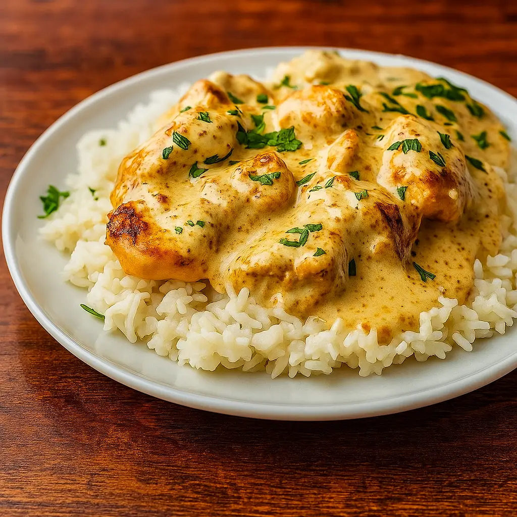 Smothered Chicken and Rice comfort food dinner