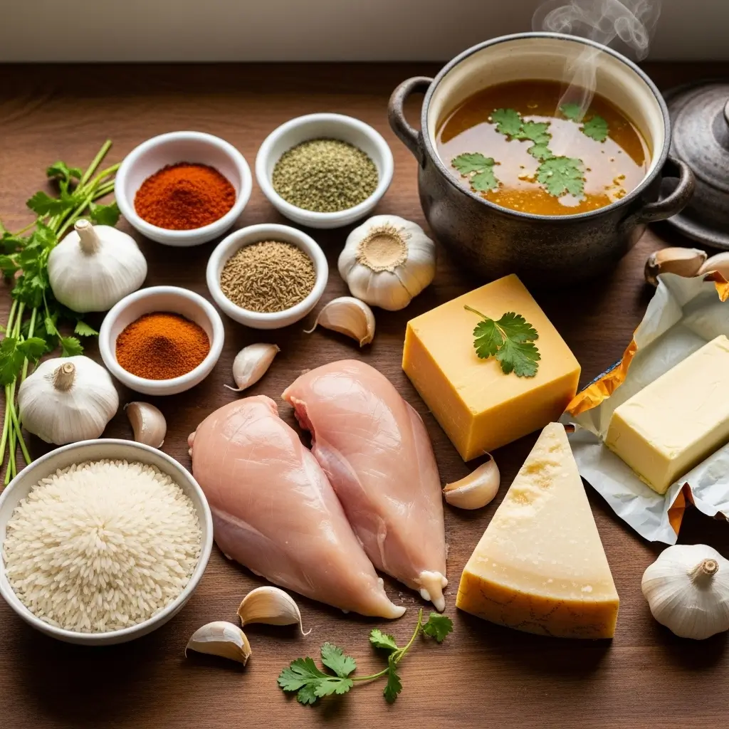 Ingredients for smothered chicken and rice recipe