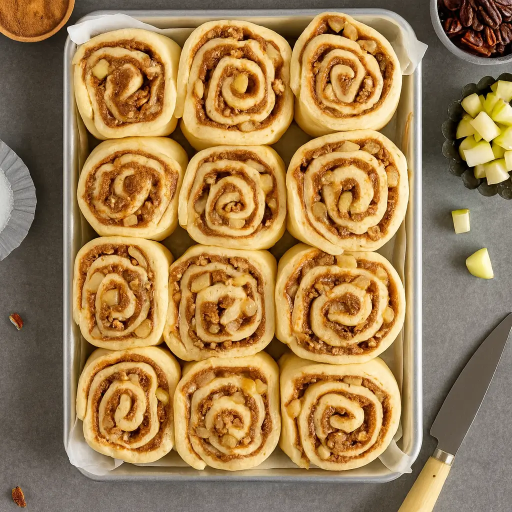 Soft-Baked Apple Cinnamon Rolls fresh from oven with frosting