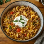 Sour Cream Beef Noodle Casserole fresh from the oven