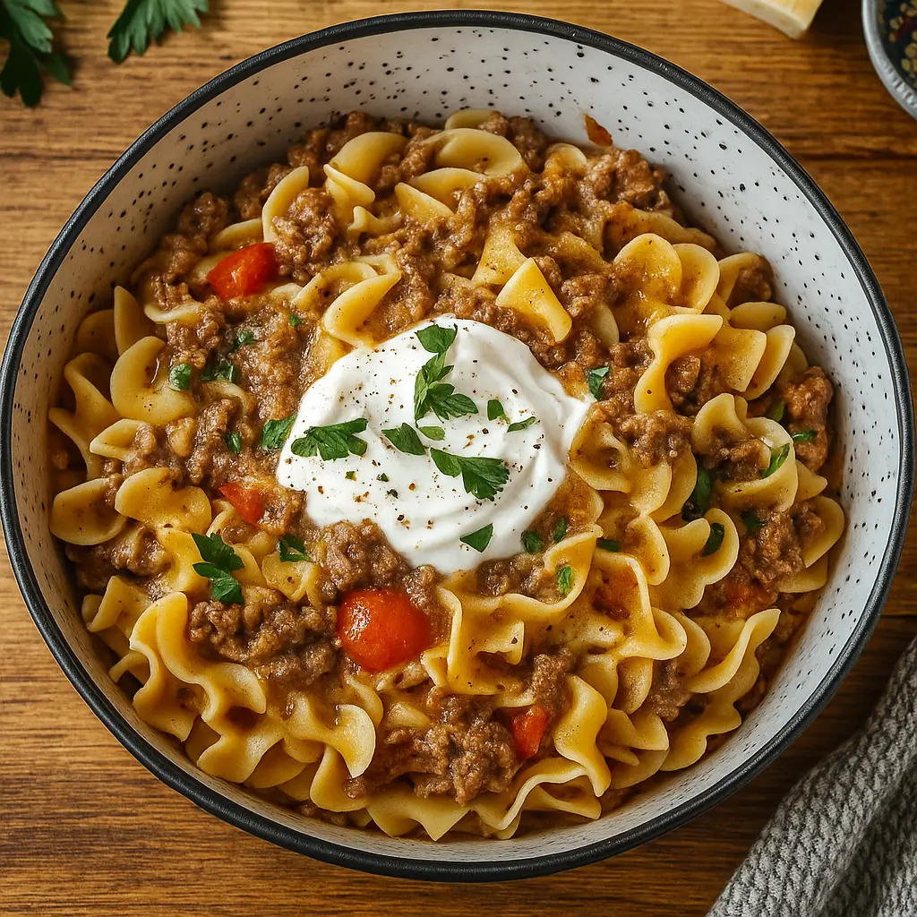 Sour Cream Beef Noodle Casserole fresh from the oven