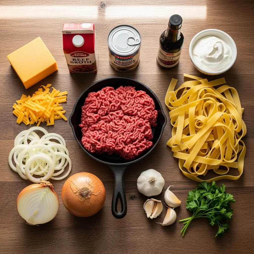 Ingredients for Sour Cream Beef Noodle Casserole