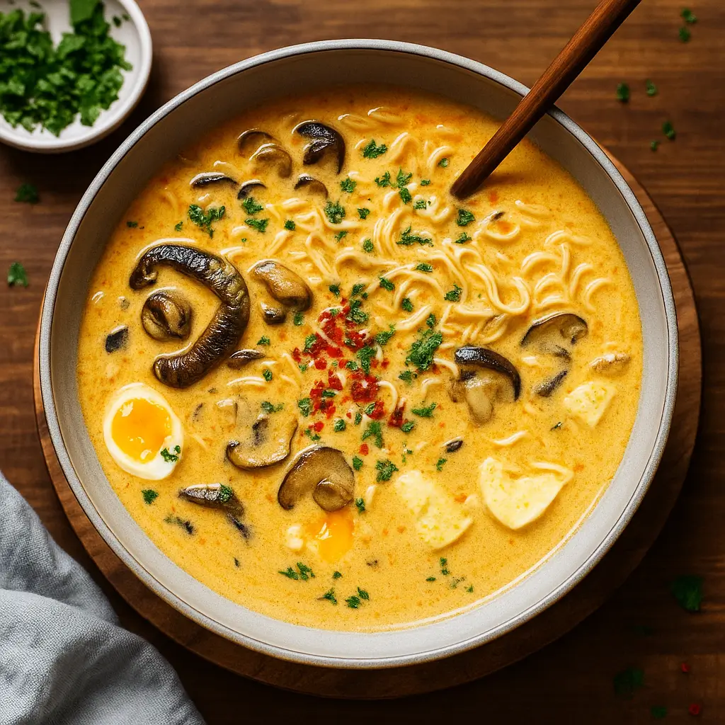 Spicy Coconut Curry Ramen in bowl with toppings
