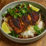 Spicy Maple Chicken & Coconut Rice served with lime