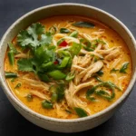 Spicy Thai Curry Chicken Soup in a bowl with garnishes