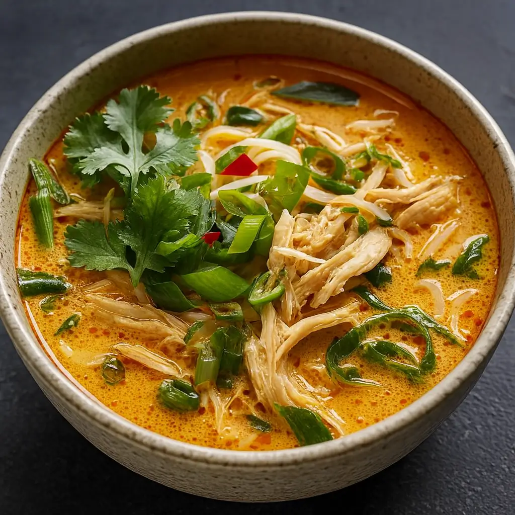 Spicy Thai Curry Chicken Soup in a bowl with garnishes
