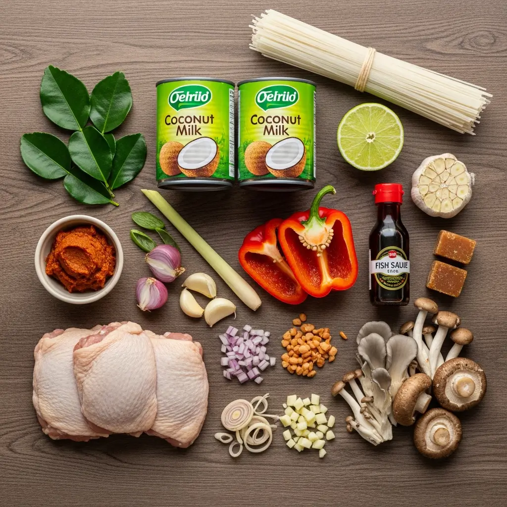Ingredients for Spicy Thai Curry Chicken Soup arranged flat