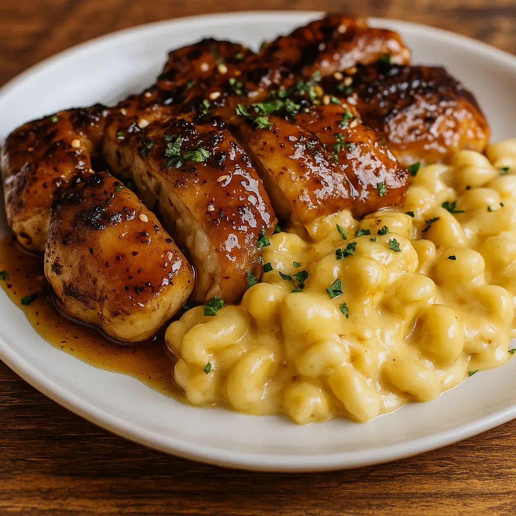 Sweet and Spicy Honey Pepper Chicken with Creamy Mac and Cheese