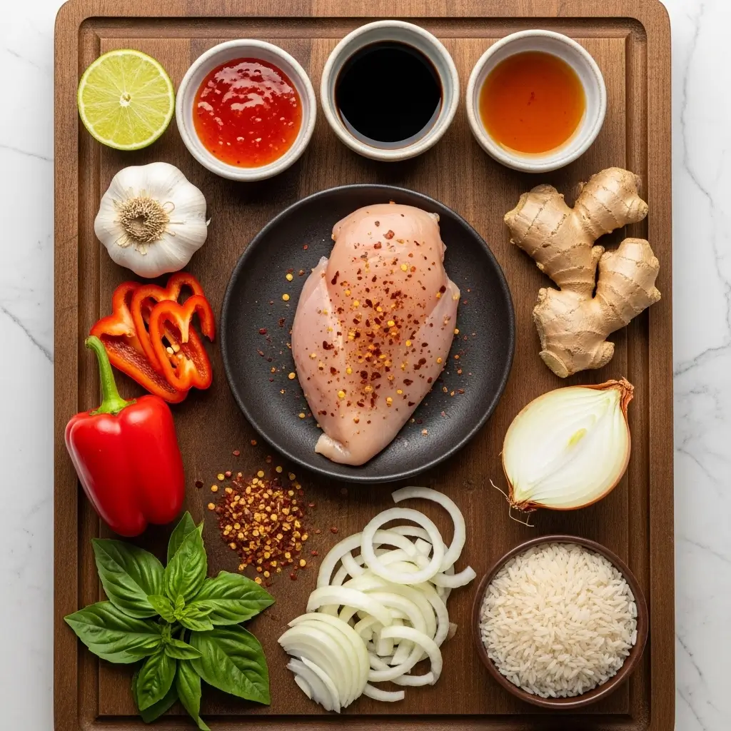 Ingredients laid out for Sweet and Spicy Thai Chicken recipe