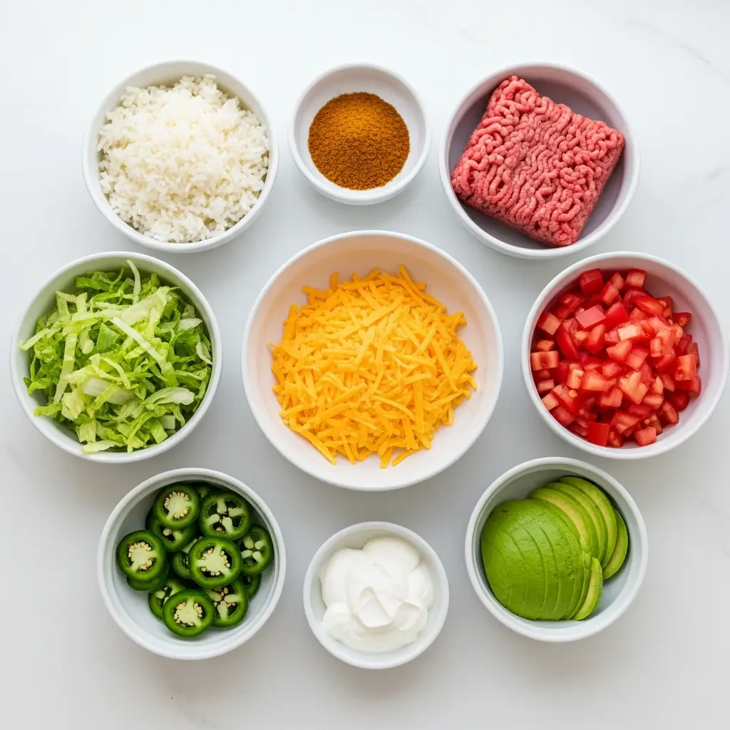 Taco Rice Bowl Ingredients Laid Out