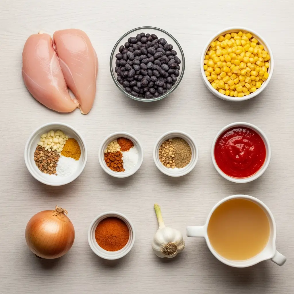 Ingredients for taco soup recipe with chicken on a wooden table