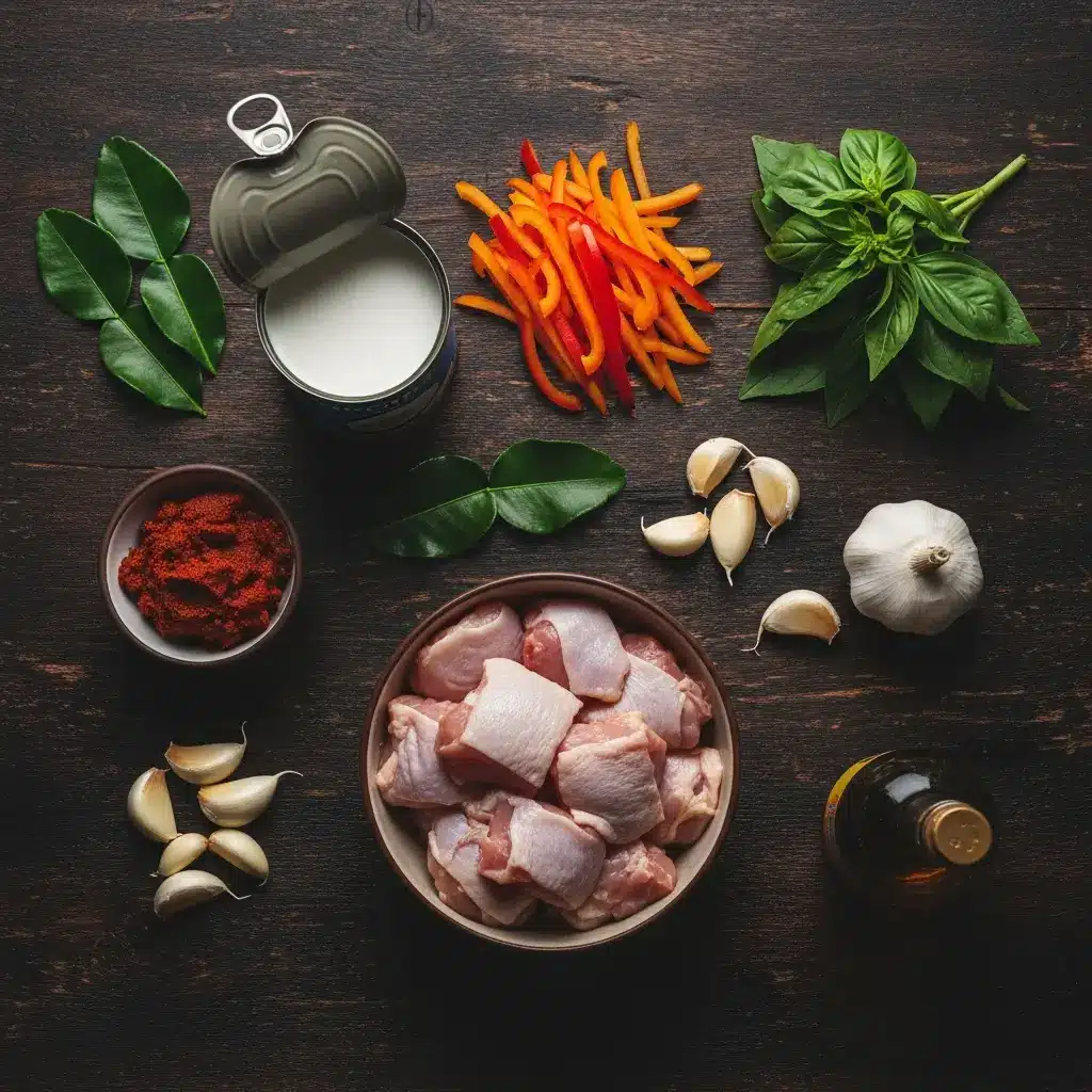 Thai Chicken Panang Curry ingredients flat lay