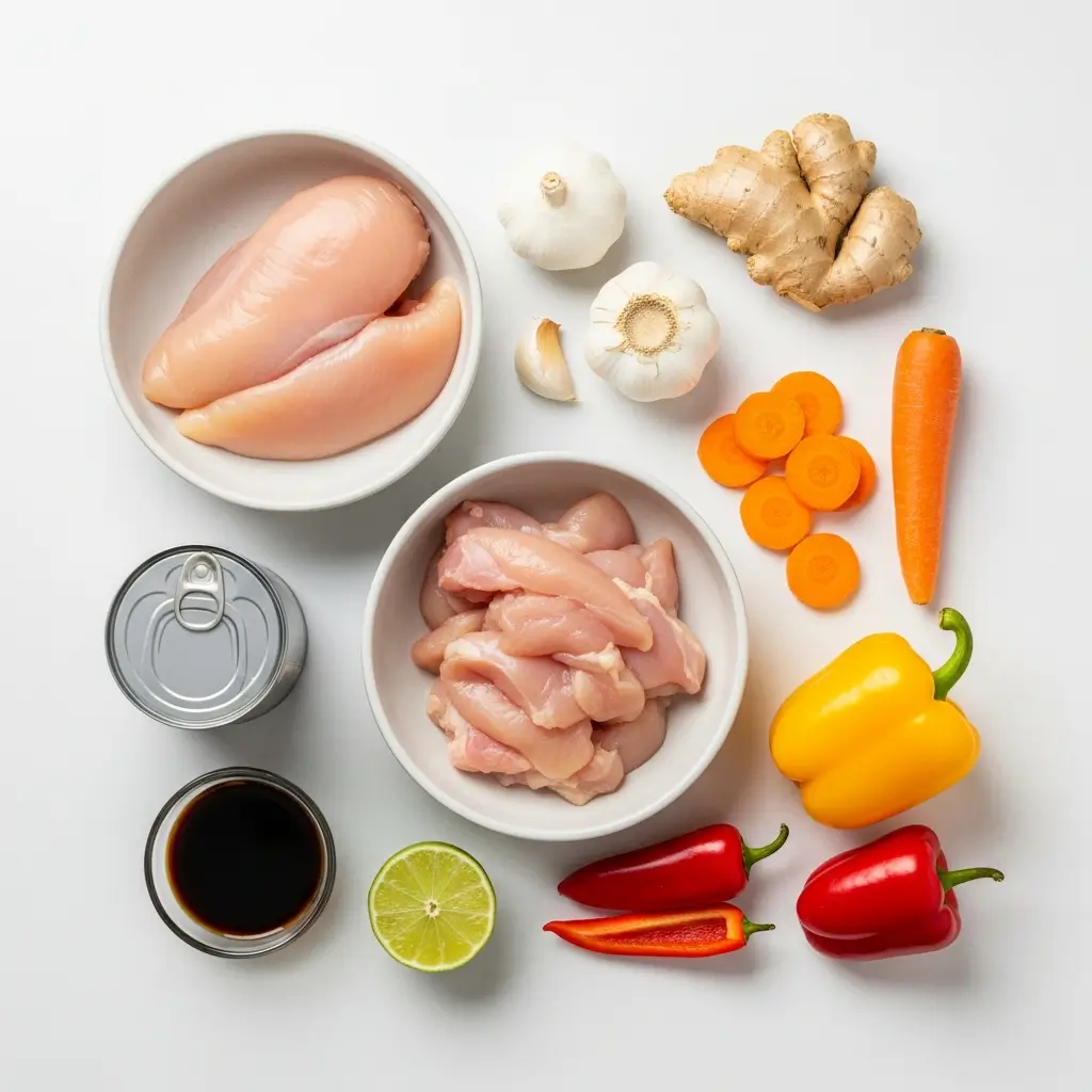 Thai chicken soup ingredients including chicken and coconut milk