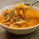 Thai-Inspired Lemon Ginger Turmeric Chicken Soup in white bowl