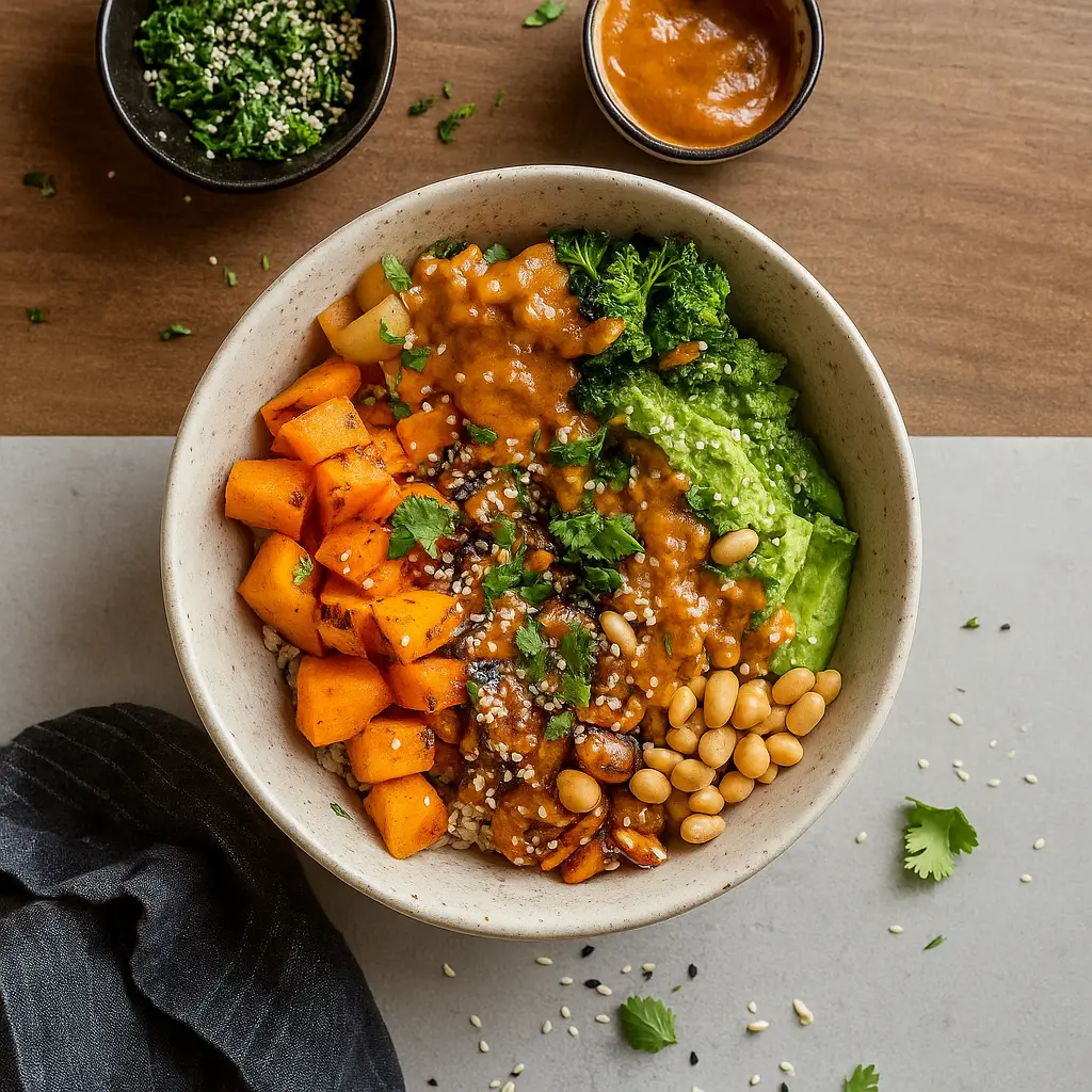 Thai Peanut Sweet Potato Buddha Bowl overhead view