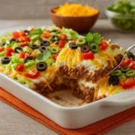 Ultimate Layered Taco Dip in glass dish with toppings