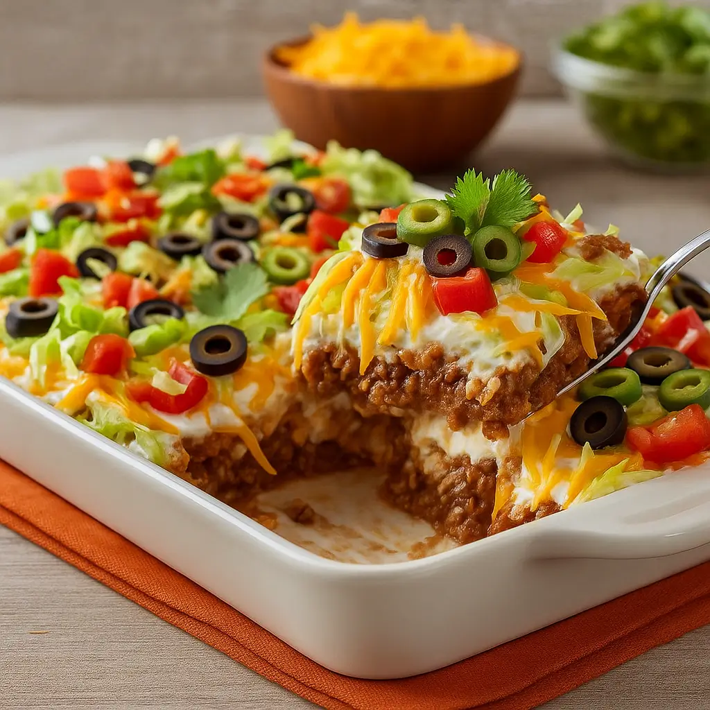 Ultimate Layered Taco Dip in glass dish with toppings