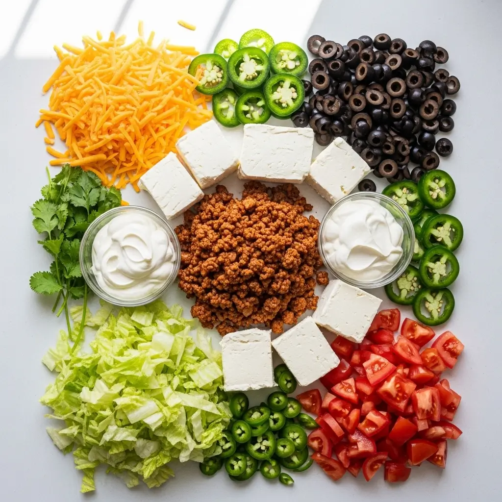 Ingredients for Ultimate Layered Taco Dip laid out on counter