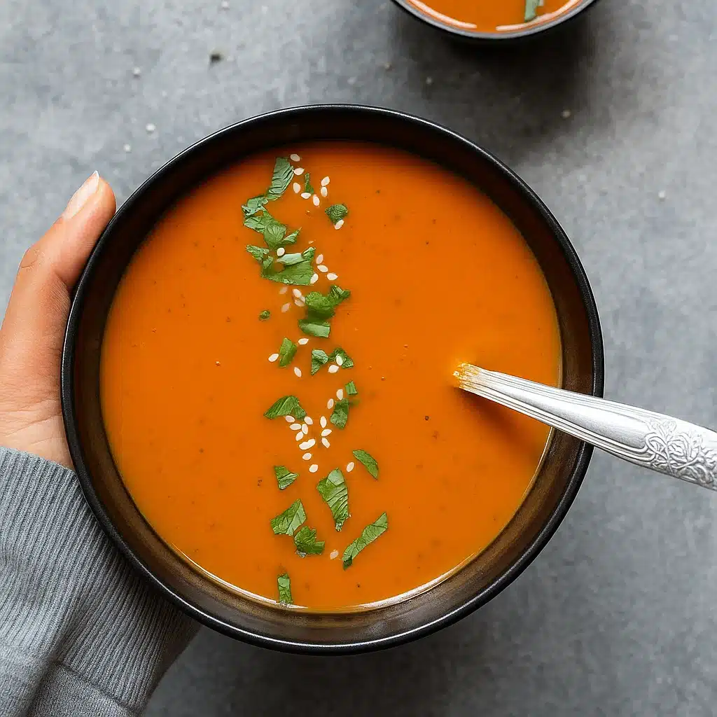 Vegan Roasted Carrot &amp; Red Pepper Soup in rustic bowl