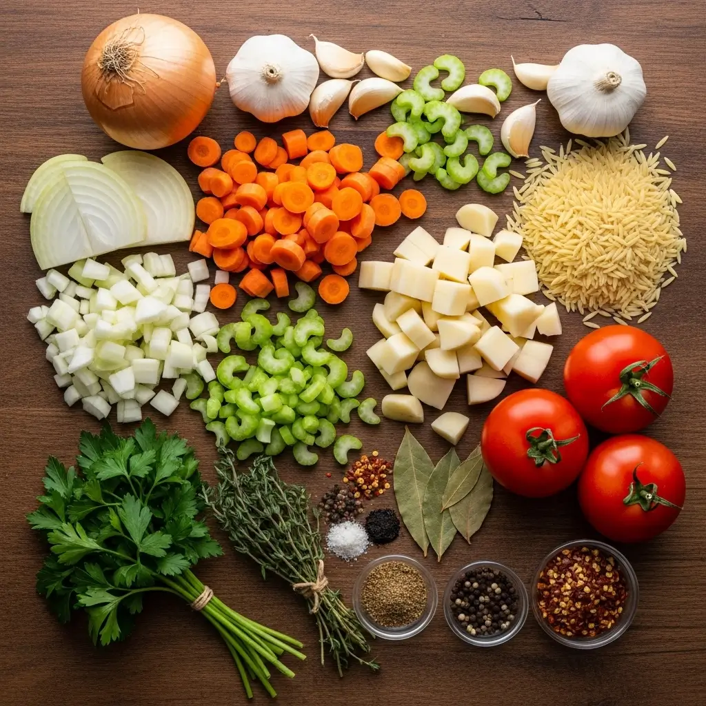 ingredients for healthy vegetable orzo soup flat lay