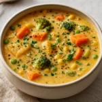 Veggie Pot Pie Soup served in a rustic bowl