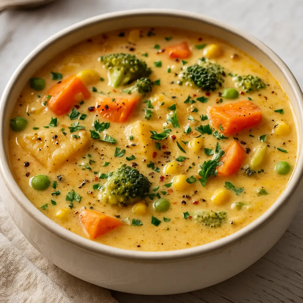 Veggie Pot Pie Soup served in a rustic bowl